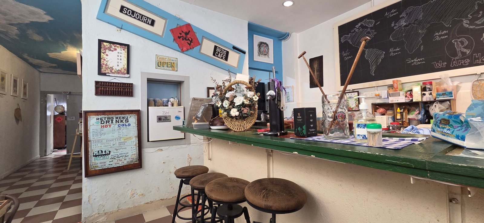 Heritage café and reception counter inside Sojourn Beds & Cafe, Taiping